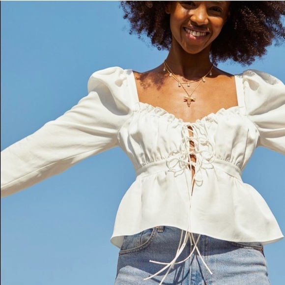 H&M Tops - H&M x Brock Collection Lyocell-blend Blouse Front Ties Cottagecore White Medium